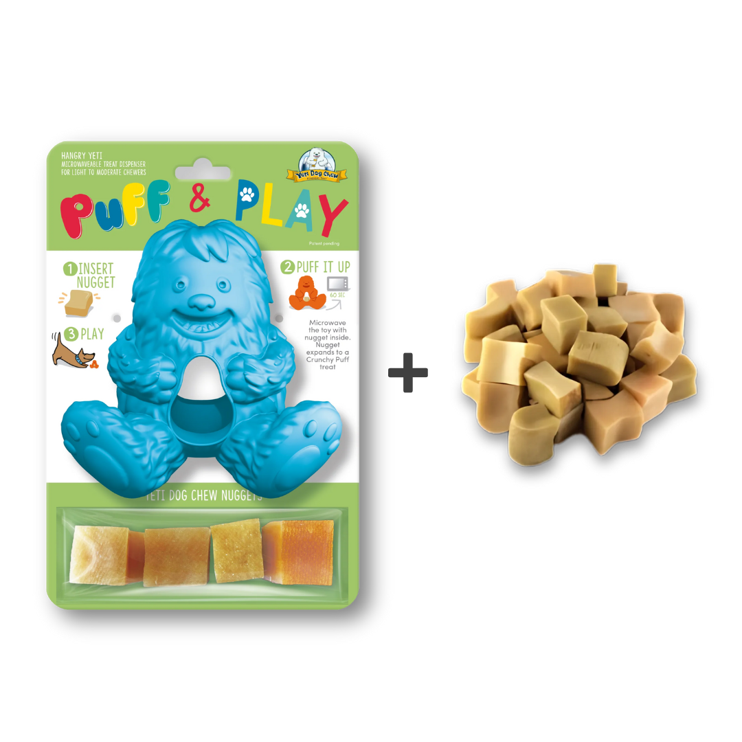Puff and Play Super Saver Bundle – Yeti toy in blue with refill nuggets