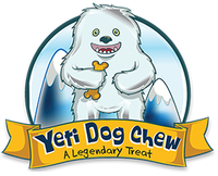 A cartoon yeti holding dog treats with the text 'Yeti Dog Chew: A Legendary Treat.'